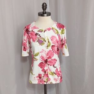 Jones New York - Short Sleeve Floral Button Down Sweater